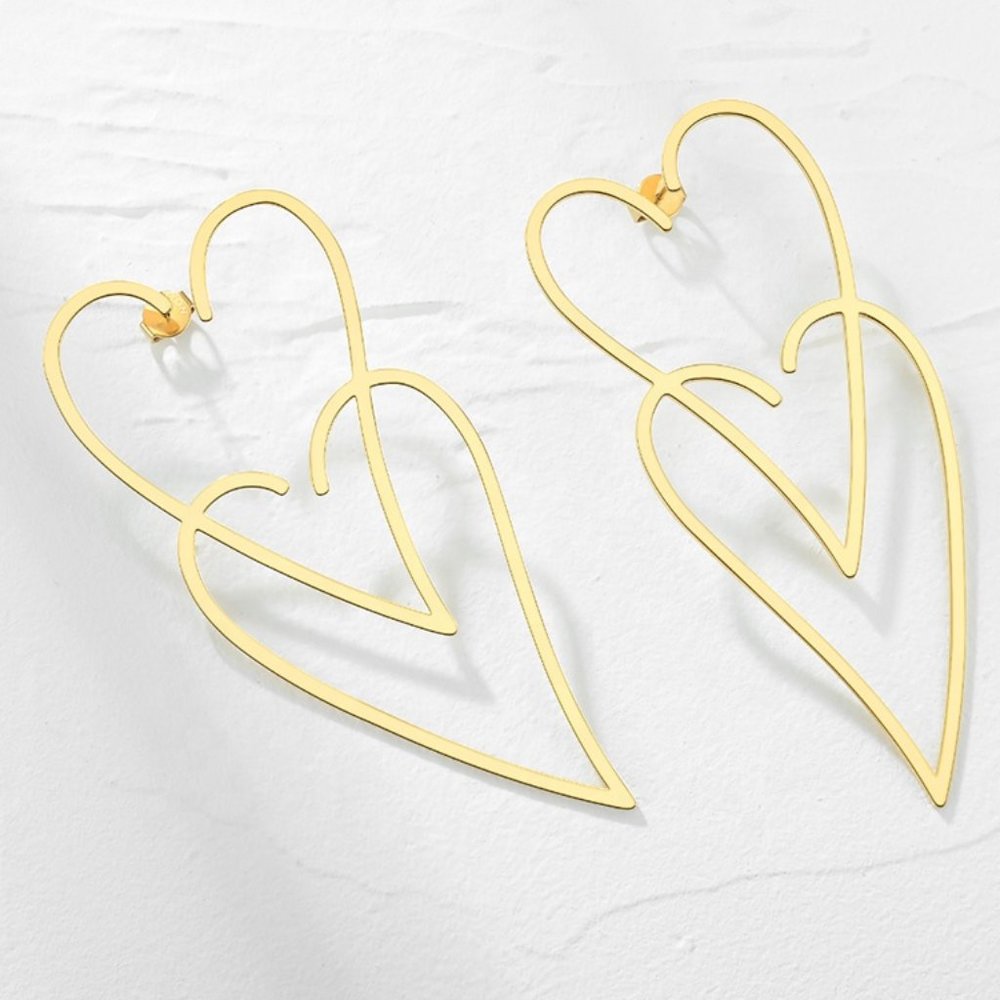NEW Double Heart 18K Gold Stainless Steel Earring - Picture 3 of 4